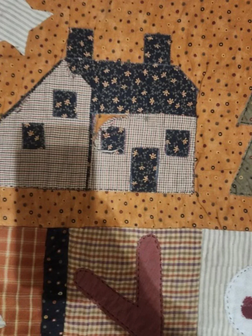 Handmade Quilt Snowman House Tree Autumn‎ Fall Winter Fabric Art Decor farmhouse